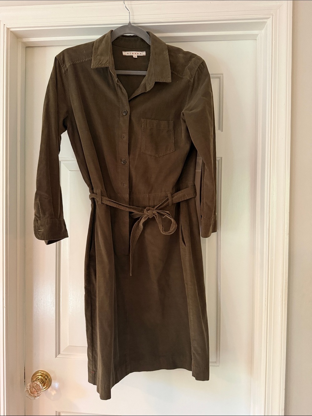 Xirena Corduroy Shirt Dress with Waist Tie - Olive Brown